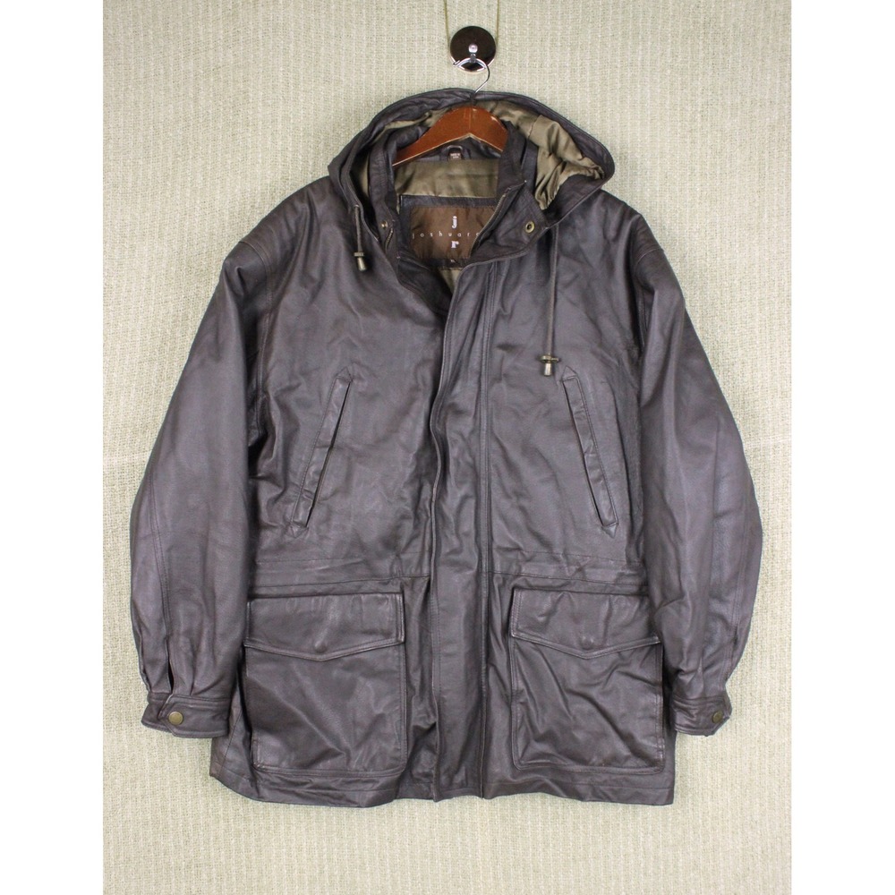 Vintage Mens Brown Leather Field Jacket Hooded Quilted Parka XL